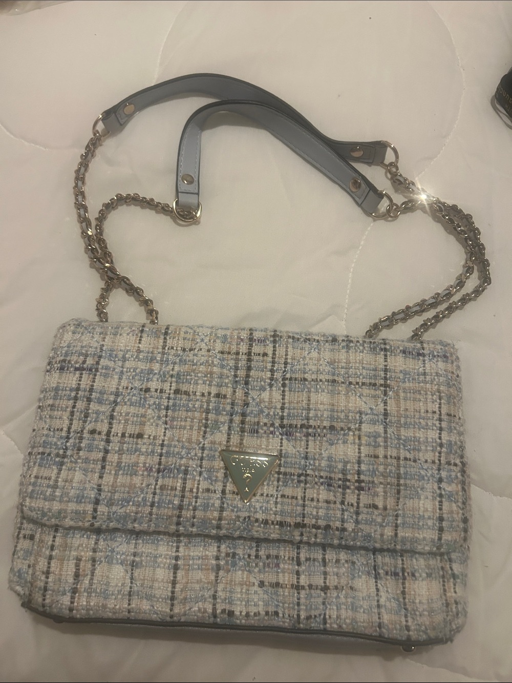 Guess Tweed Shoulder Bag in Light Blue and Cream with Chain Strap
